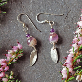 Amethyst Bead Earrings with Silver Leaves