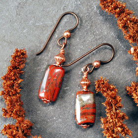 Dangling earrings with flame jasper and copper beads