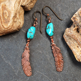 Turquoise earrings with copper feathers
