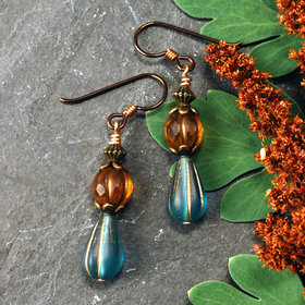 Dangling earrings with Czech Glass amber and blue beads
