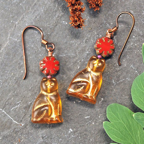 Czech Glass Cat Earrings with Red Flower