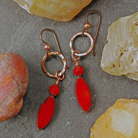 Hammered Copper Earrings, Red Czech Glass Dangles