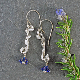 Long Silver Earrings with Leaves, Blue Czech Glass Flowers