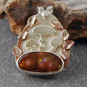 Fire Agate Pendant with Mushrooms, Copper Leaves